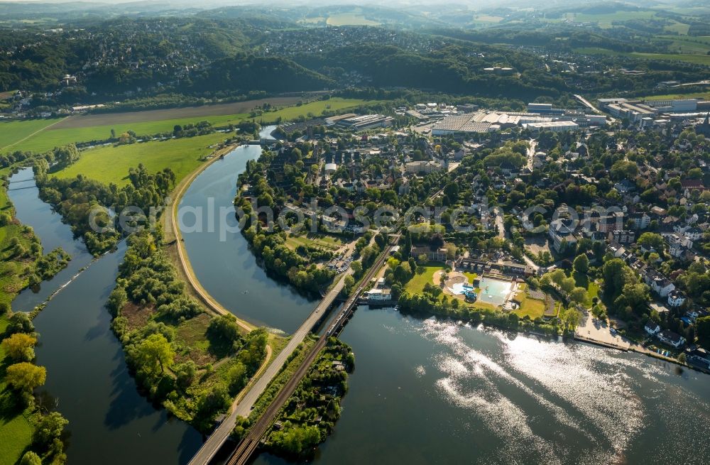 Wetter from above - Harkort- lake with Obergraben and sun reflection in the outdoor weather in the Ruhr area in North Rhine-Westphalia