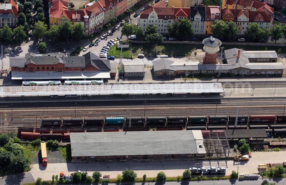 Aerial image Arnstadt - The main railway station of Arnstadt in Thuringia is located north of the historic city center. It covers the passenger station and the freight station . At the historic train station ensemble also heard the old water tower