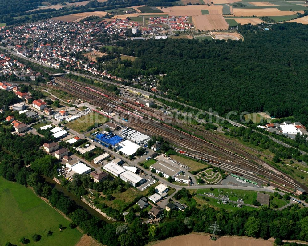 Bad Friedrichshall from above - Track progress and building of the main station of the railway in Bad Friedrichshall in the state Baden-Wuerttemberg, Germany