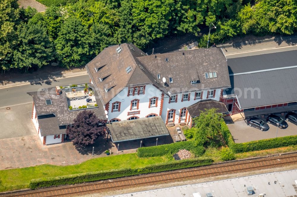 Brilon from the bird's eye view: Track progress and building of the main station of the railway on Bahnhofstrasse in Brilon in the state North Rhine-Westphalia, Germany