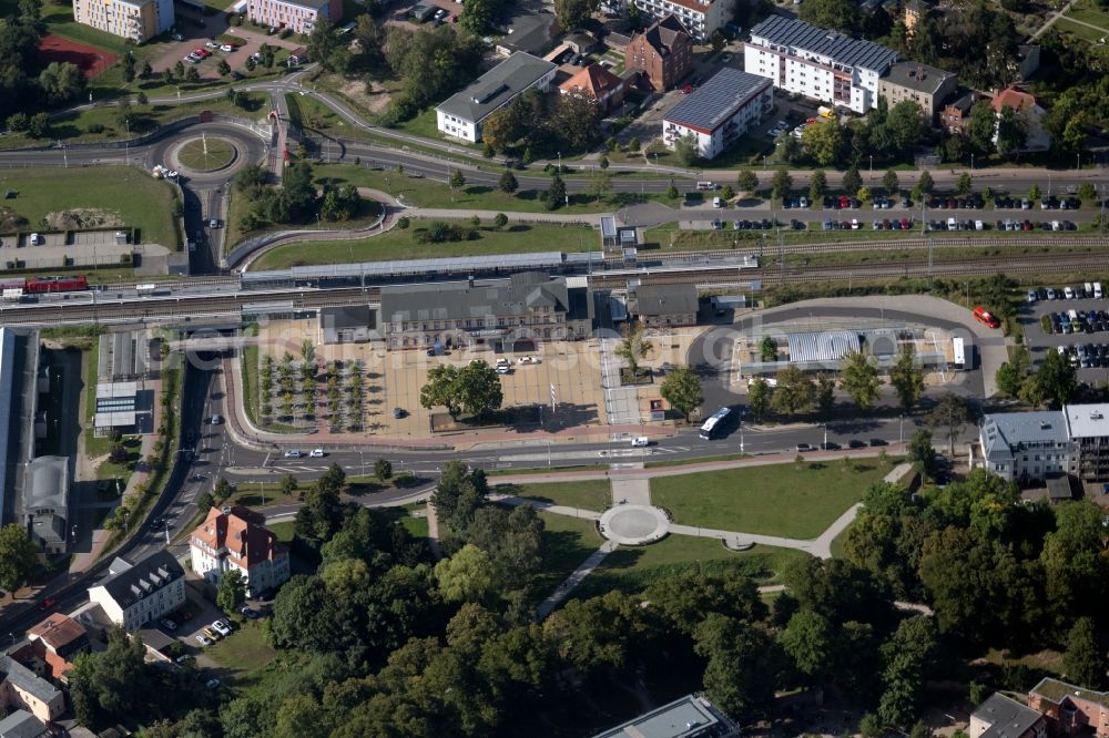 Aerial photograph Greifswald - Track progress and building of the main station of the railway on Bahnhofstrasse in Greifswald in the state Mecklenburg - Western Pomerania, Germany