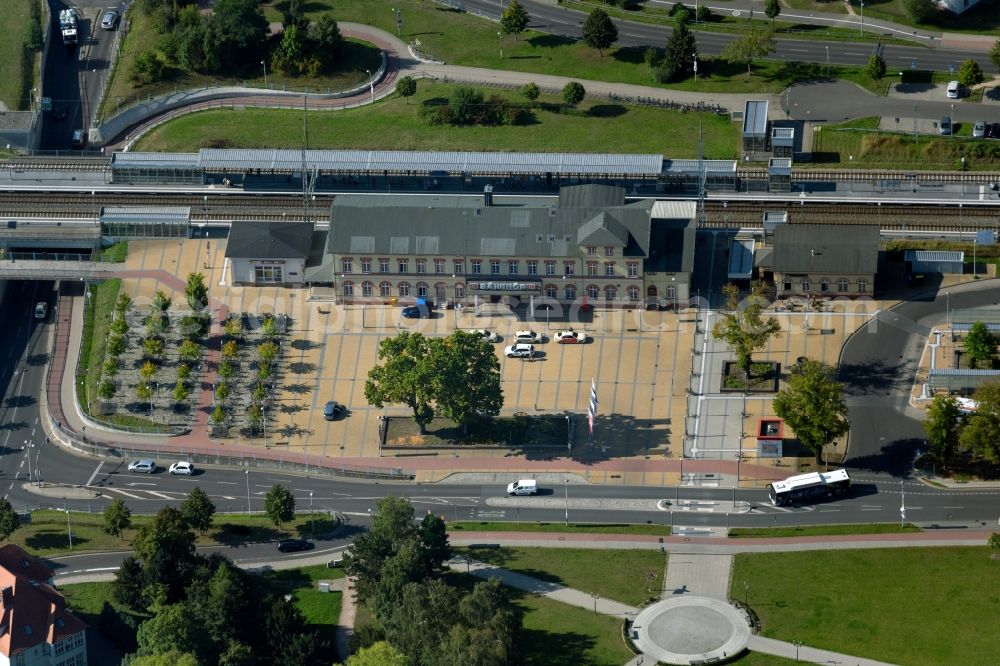 Aerial image Greifswald - Track progress and building of the main station of the railway on Bahnhofstrasse in Greifswald in the state Mecklenburg - Western Pomerania, Germany