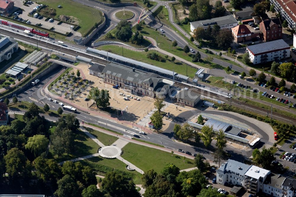 Greifswald from above - Track progress and building of the main station of the railway on Bahnhofstrasse in Greifswald in the state Mecklenburg - Western Pomerania, Germany