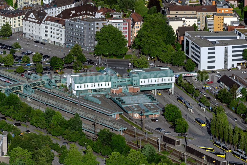 Aerial image Bregenz - Track progress and building of the main station of the railway and Busbahnhof in Bregenz at Bodensee in Vorarlberg, Austria