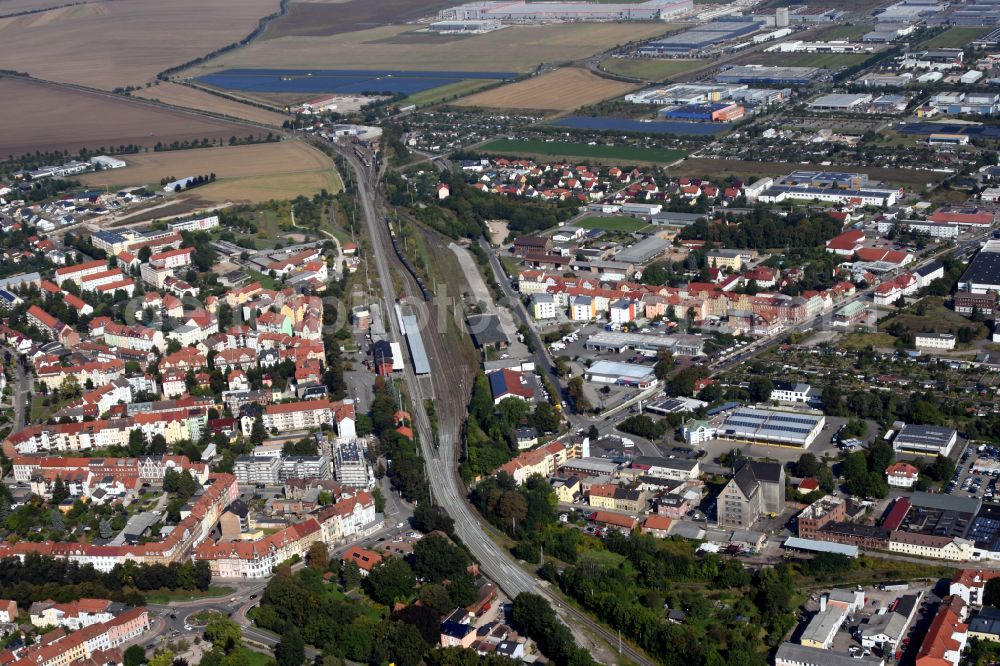 Arnstadt from above - Track progress and building of the main station of the railway on street Am Bahnhof in Arnstadt in the state Thuringia, Germany