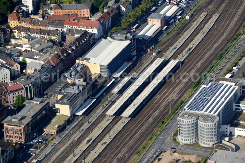 Aschaffenburg from above - Track progress and building of the main station of the railway in Aschaffenburg in the state Bavaria