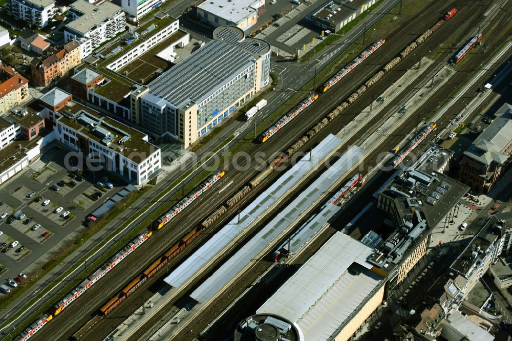 Aschaffenburg from above - Track progress and building of the main station of the railway in Aschaffenburg in the state Bavaria