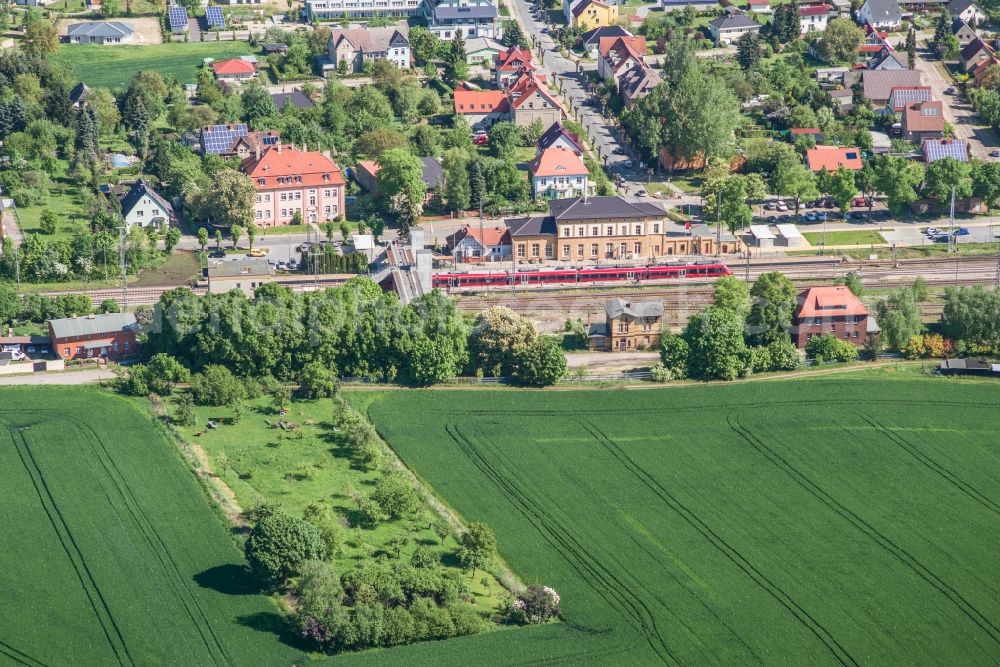 Bad Belzig from above - Track progress and building of the main station of the railway in Bad Belzig in the state Brandenburg, Germany