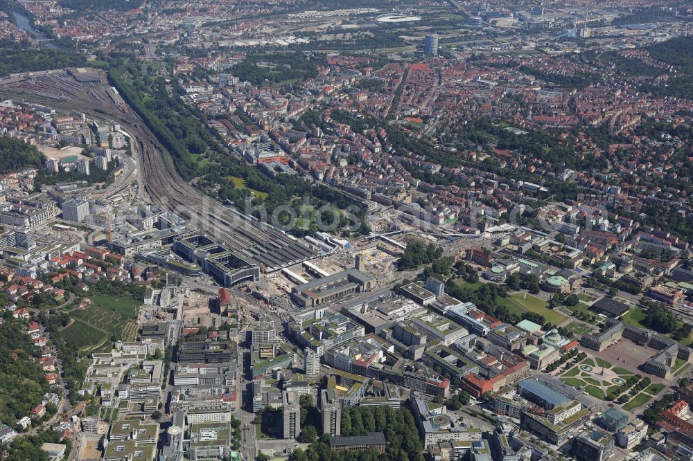 Aerial image Stuttgart - Building of the main station of the railway and construction site for the development project Stuttgart 21 in Stuttgart in the state of Baden-Wuerttemberg