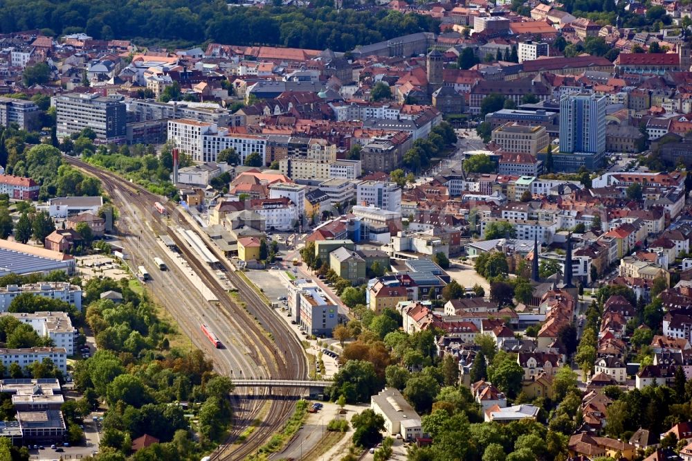 Aerial image Bayreuth - Track progress and building of the main station of the railway in Bayreuth in the state Bavaria, Germany