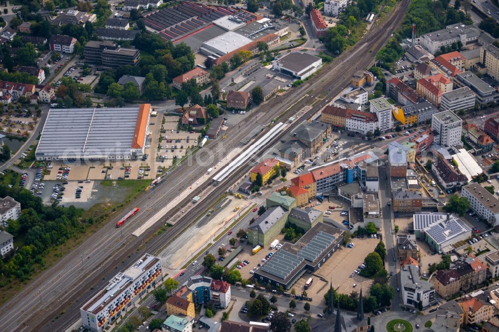 Bayreuth from above - Track progress and building of the main station of the railway in Bayreuth in the state Bavaria, Germany