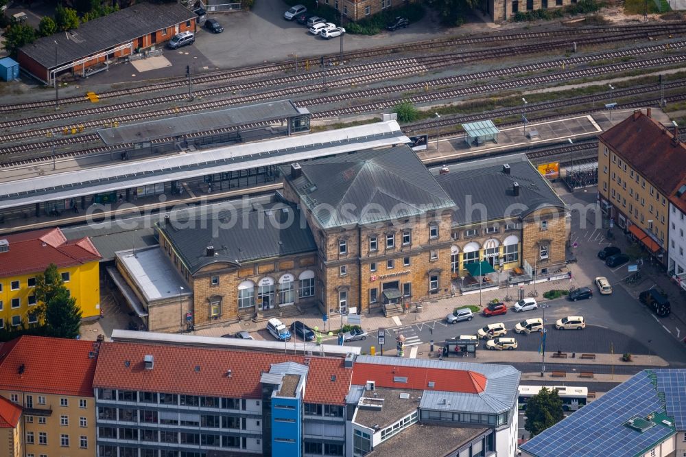 Aerial image Bayreuth - Track progress and building of the main station of the railway in Bayreuth in the state Bavaria, Germany