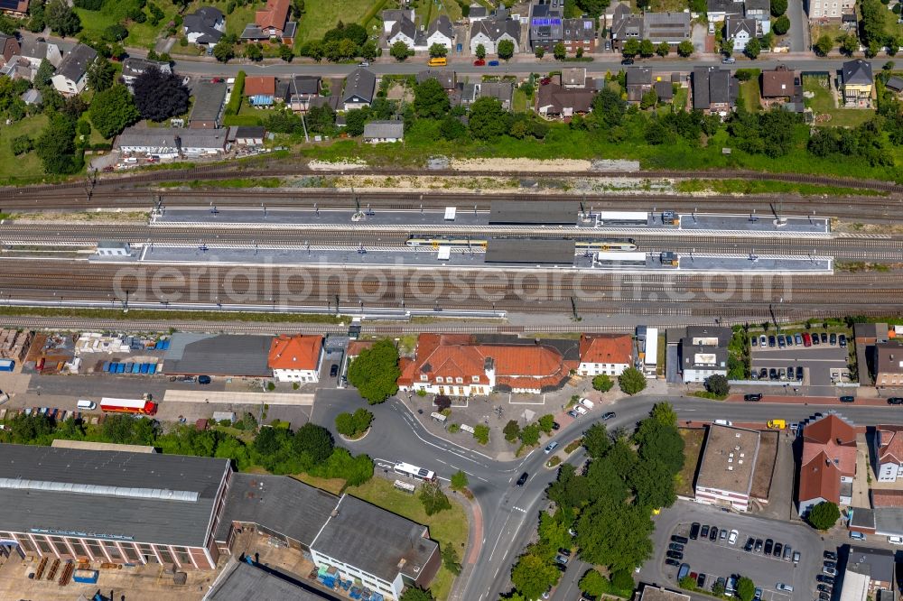 Beckum from above - Track progress and building of the main station of the railway in Beckum in the state North Rhine-Westphalia, Germany