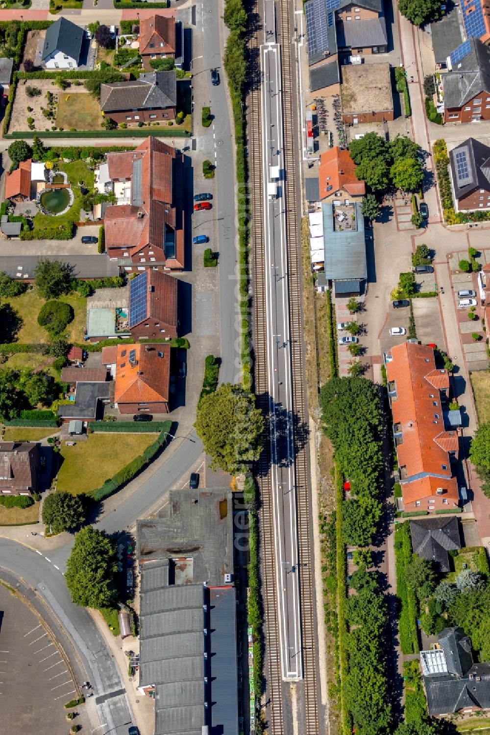 Aerial photograph Beelen - Track progress and building of the main station of the railway in Beelen in the state North Rhine-Westphalia, Germany