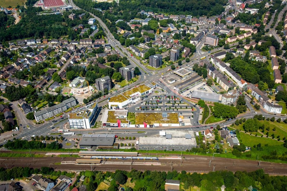 Bottrop from above - Track progress and building of the main station of the railway in Bottrop in the state North Rhine-Westphalia