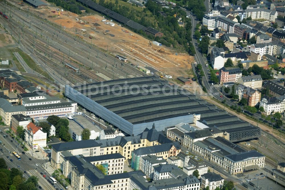 Chemnitz from above - Track progress and building of the main station of the railway in Chemnitz in the state Saxony