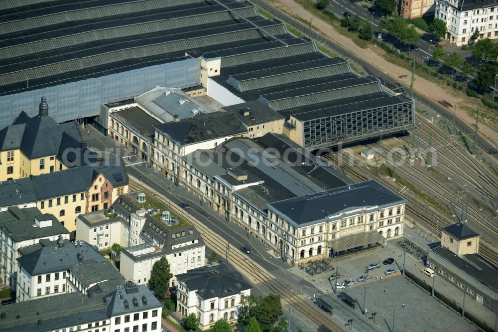 Chemnitz from the bird's eye view: Track progress and building of the main station of the railway in Chemnitz in the state Saxony