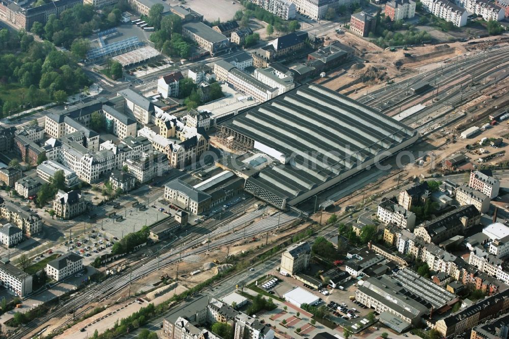 Chemnitz from above - Track progress and building of the main station of the railway in Chemnitz in the state Saxony