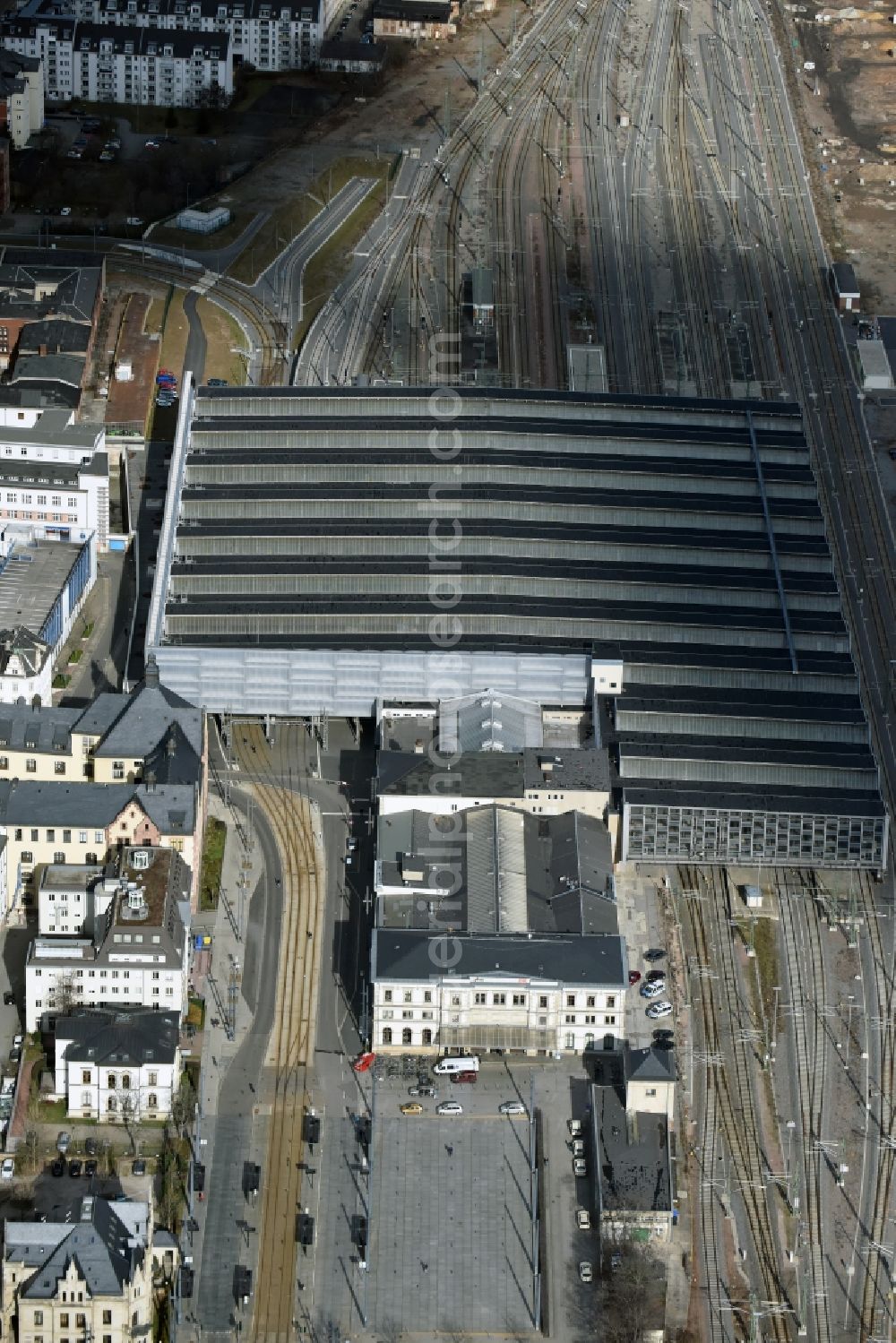 Chemnitz from above - Track progress and building of the main station of the railway in Chemnitz in the state Saxony