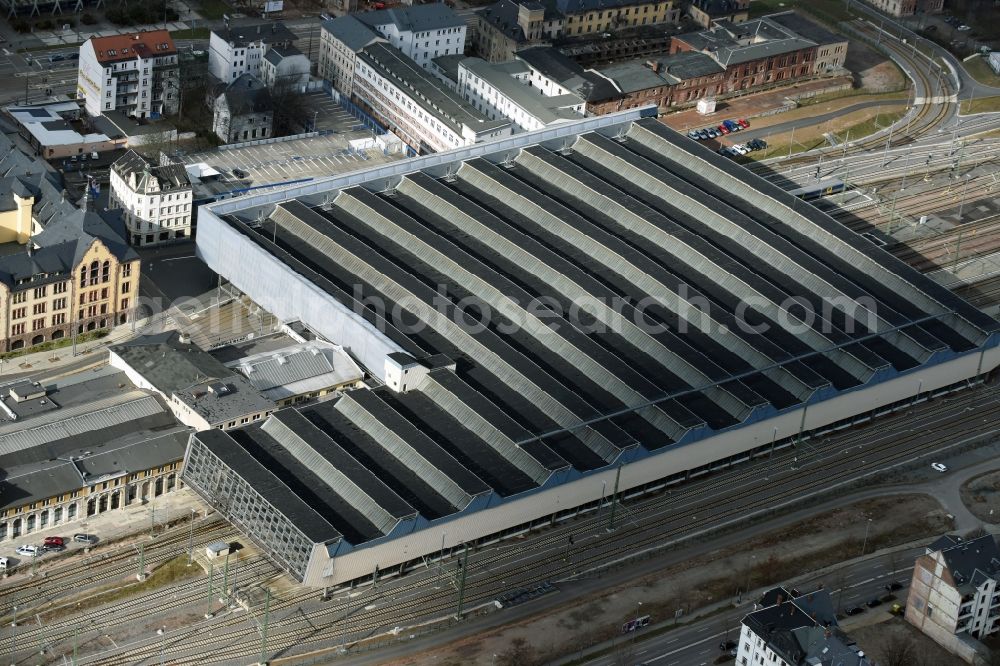 Chemnitz from the bird's eye view: Track progress and building of the main station of the railway in Chemnitz in the state Saxony