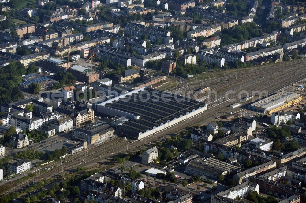 Chemnitz from above - Track progress and building of the main station of the railway in Chemnitz in the state Saxony