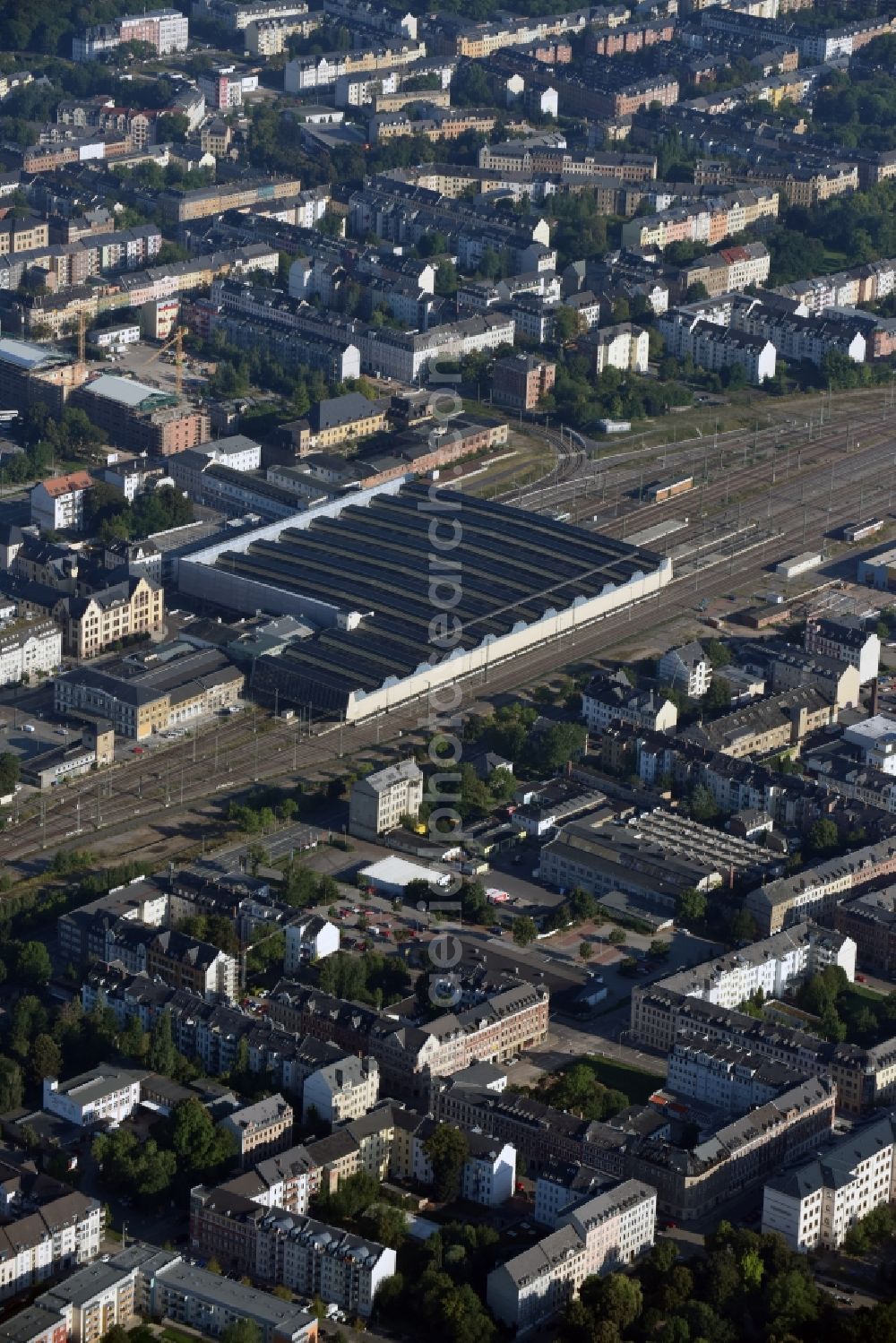 Chemnitz from the bird's eye view: Track progress and building of the main station of the railway in Chemnitz in the state Saxony