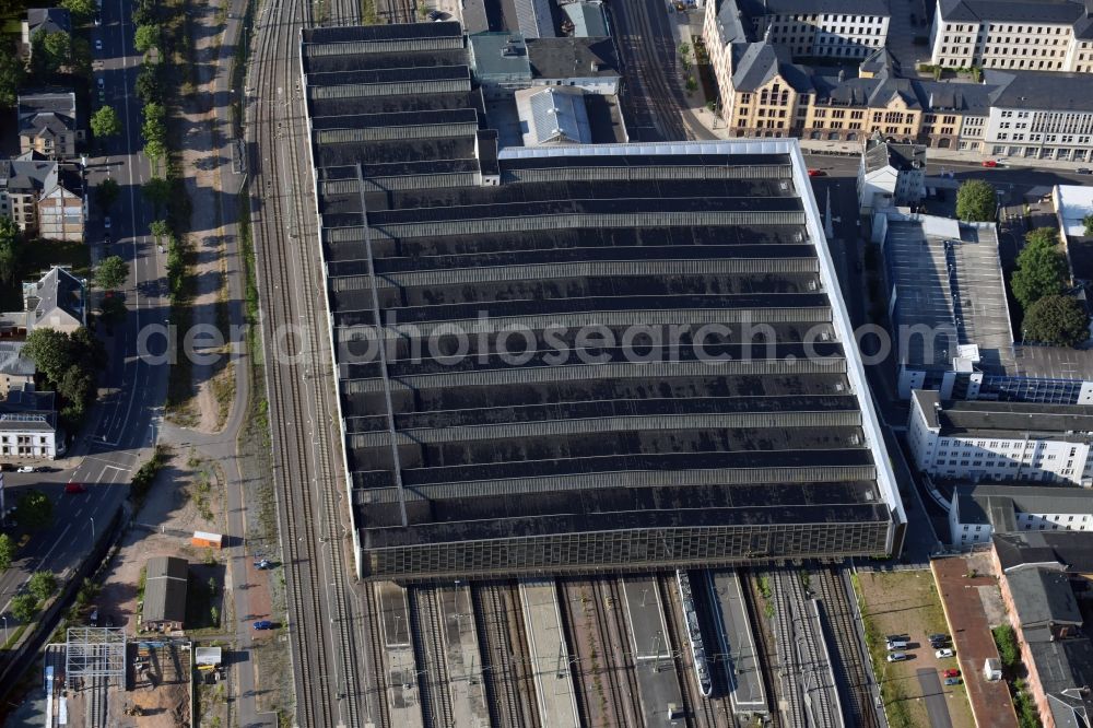 Chemnitz from the bird's eye view: Track progress and building of the main station of the railway in Chemnitz in the state Saxony