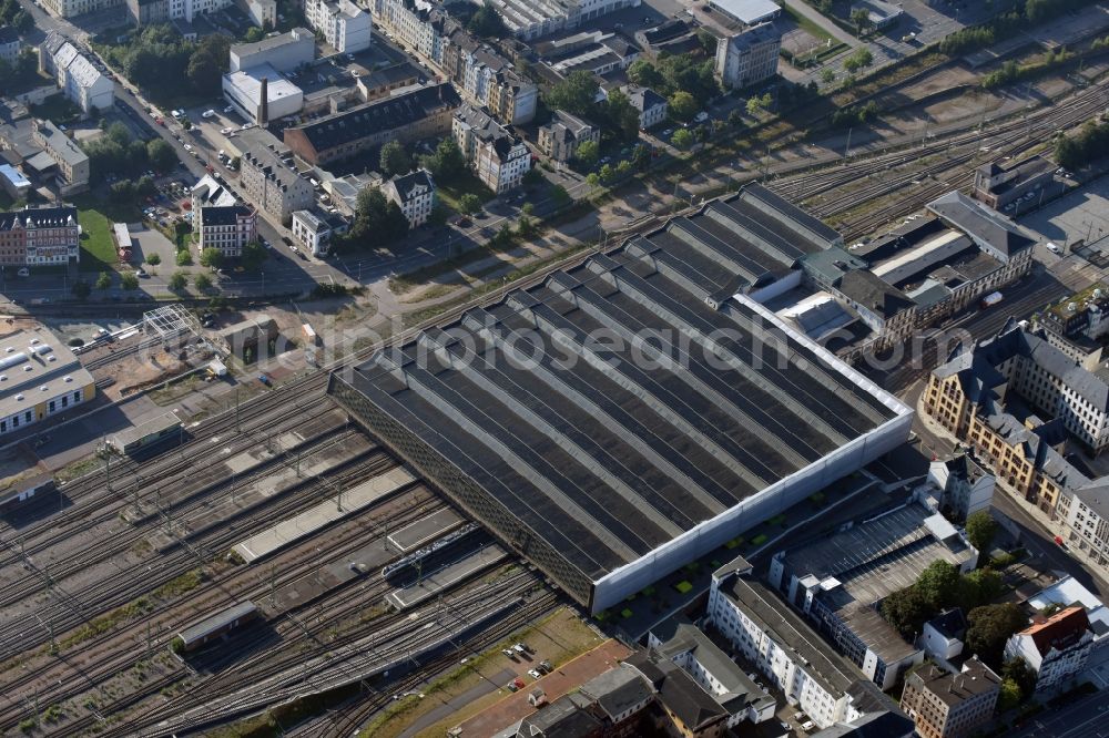 Chemnitz from above - Track progress and building of the main station of the railway in Chemnitz in the state Saxony