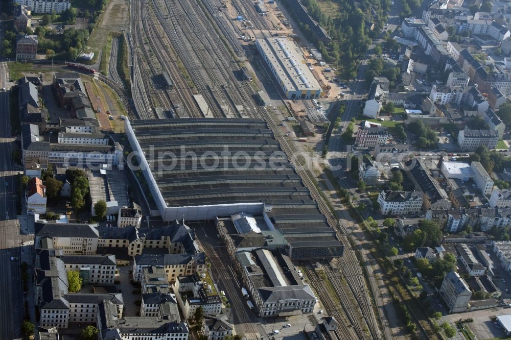 Chemnitz from above - Track progress and building of the main station of the railway in Chemnitz in the state Saxony