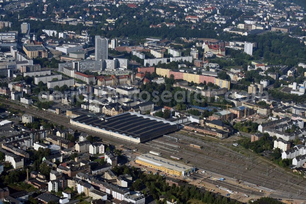 Chemnitz from the bird's eye view: Track progress and building of the main station of the railway in Chemnitz in the state Saxony