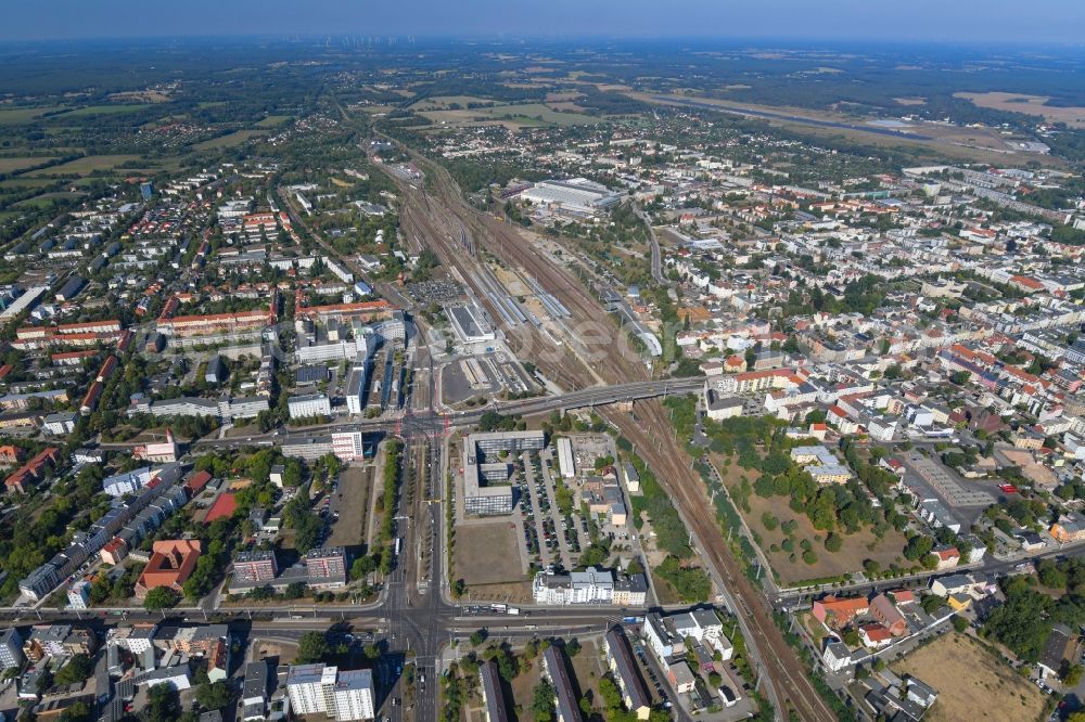 Aerial image Cottbus - Track progress and building of the main station of the railway in Cottbus in the state Brandenburg, Germany