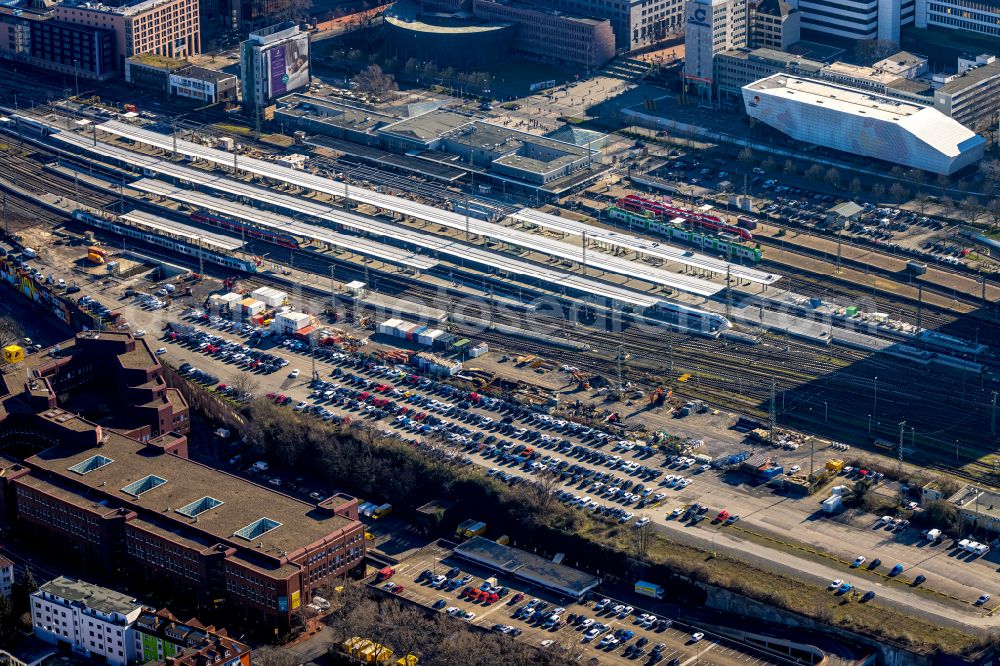 Dortmund from above - Track progress and building of the main station of the railway in Dortmund in the state North Rhine-Westphalia, Germany