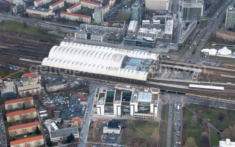 Dresden from above - Track progress and building of the main station of the railway in Dresden in the state Saxony, Germany