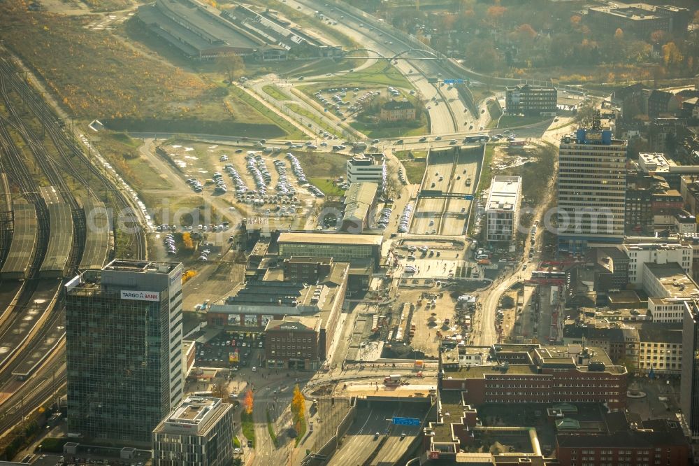 Duisburg from above - Track history, the station forecourt and the building of the main station of the Deutsche Bahn in Duisburg in North Rhine-Westphalia