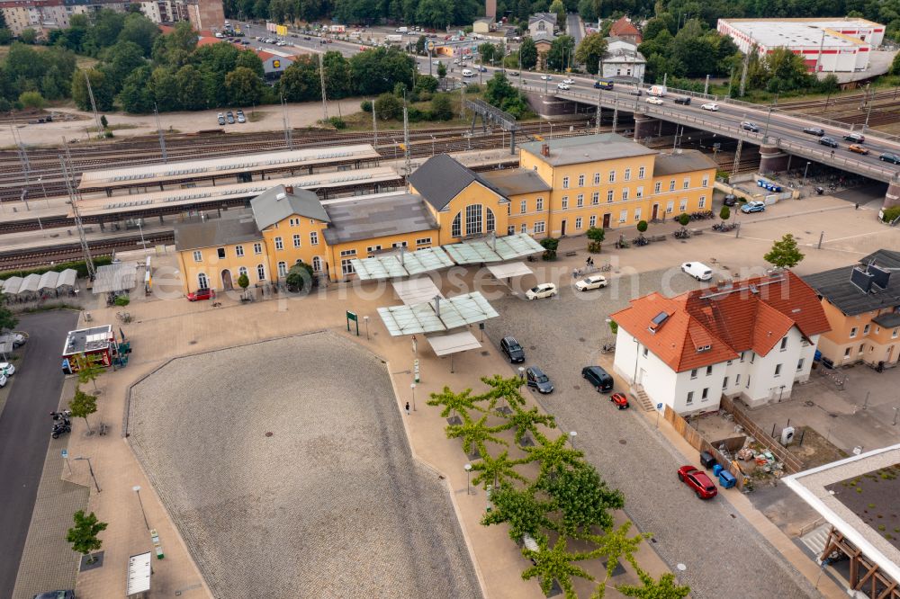 Aerial image Eberswalde - Track progress and building of the main station of the railway in Eberswalde in the state Brandenburg, Germany