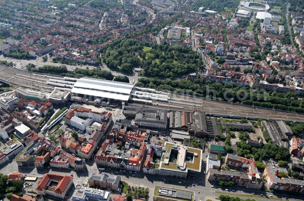 Erfurt from above - Track progress and building of the main station of the railway in Erfurt in the state Thuringia, Germany