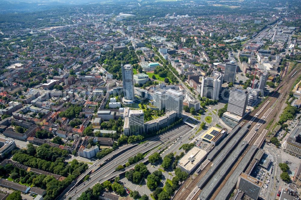 Essen from the bird's eye view: Track progress and building of the main station of the railway in Essen in the state North Rhine-Westphalia