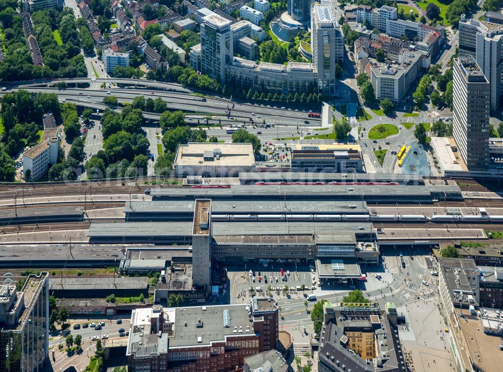 Essen from above - track progress and building of the main station of the railway in Essen at Ruhrgebiet in the state North Rhine-Westphalia, Germany