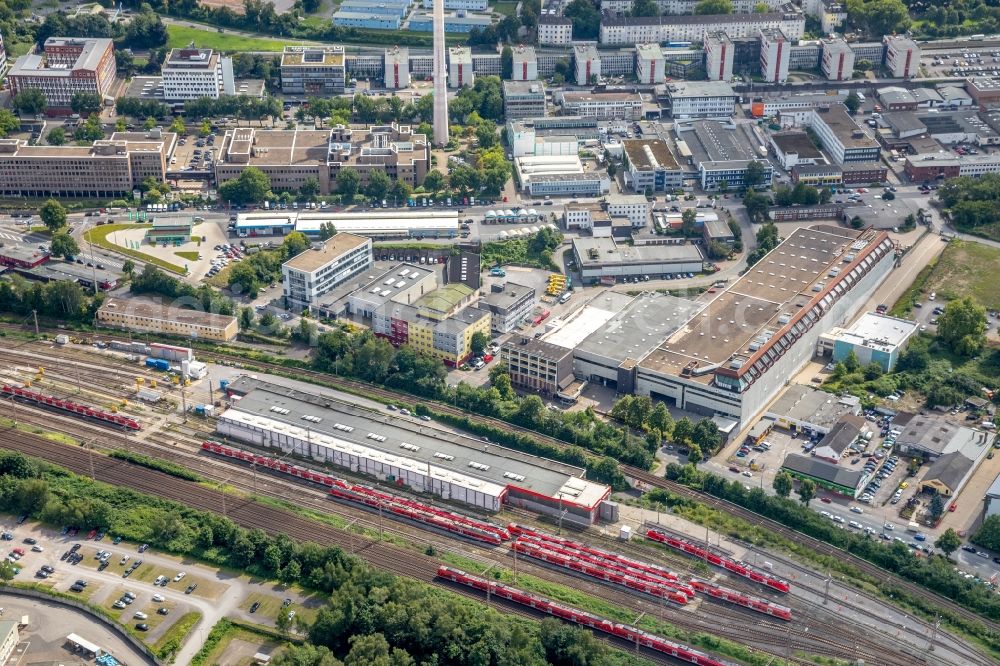 Essen from above - Track progress and building of the main station of the railway in Essen in the state North Rhine-Westphalia, Germany