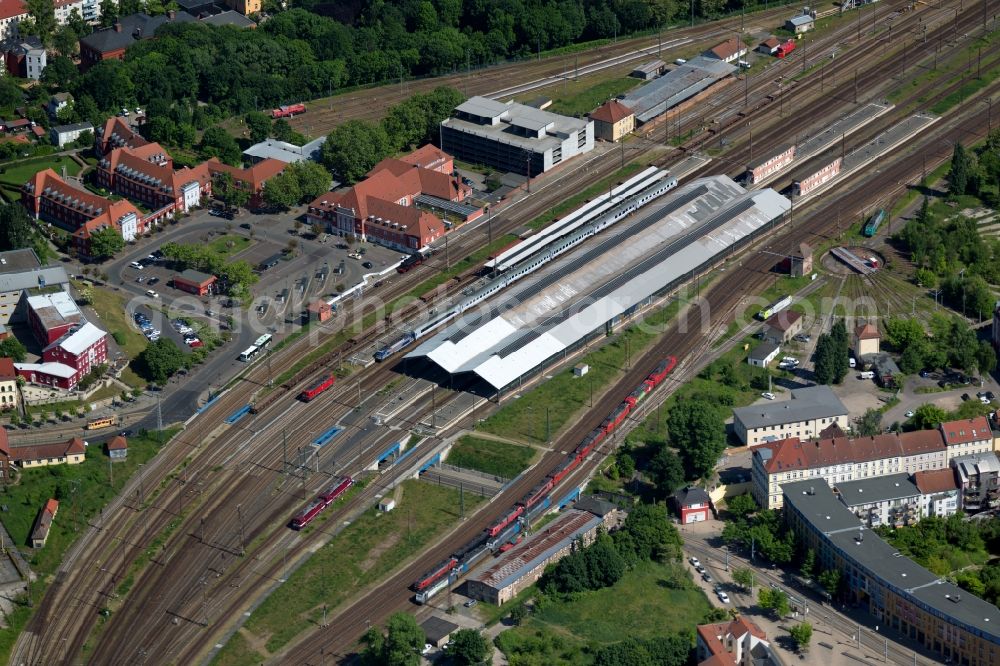 Frankfurt (Oder) from above - Track progress and building of the main station of the railway in Frankfurt (Oder) in the state Brandenburg, Germany