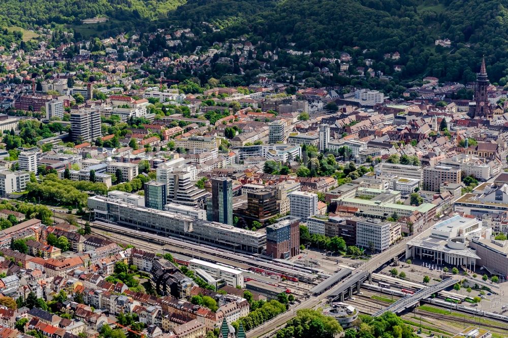 Freiburg im Breisgau from above - Track progress and building of the main station of the railway in Freiburg im Breisgau in the state Baden-Wuerttemberg