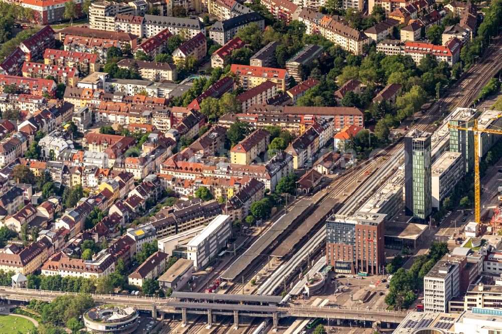 Freiburg im Breisgau from above - Track progress and building of the main station of the railway in Freiburg im Breisgau in the state Baden-Wurttemberg