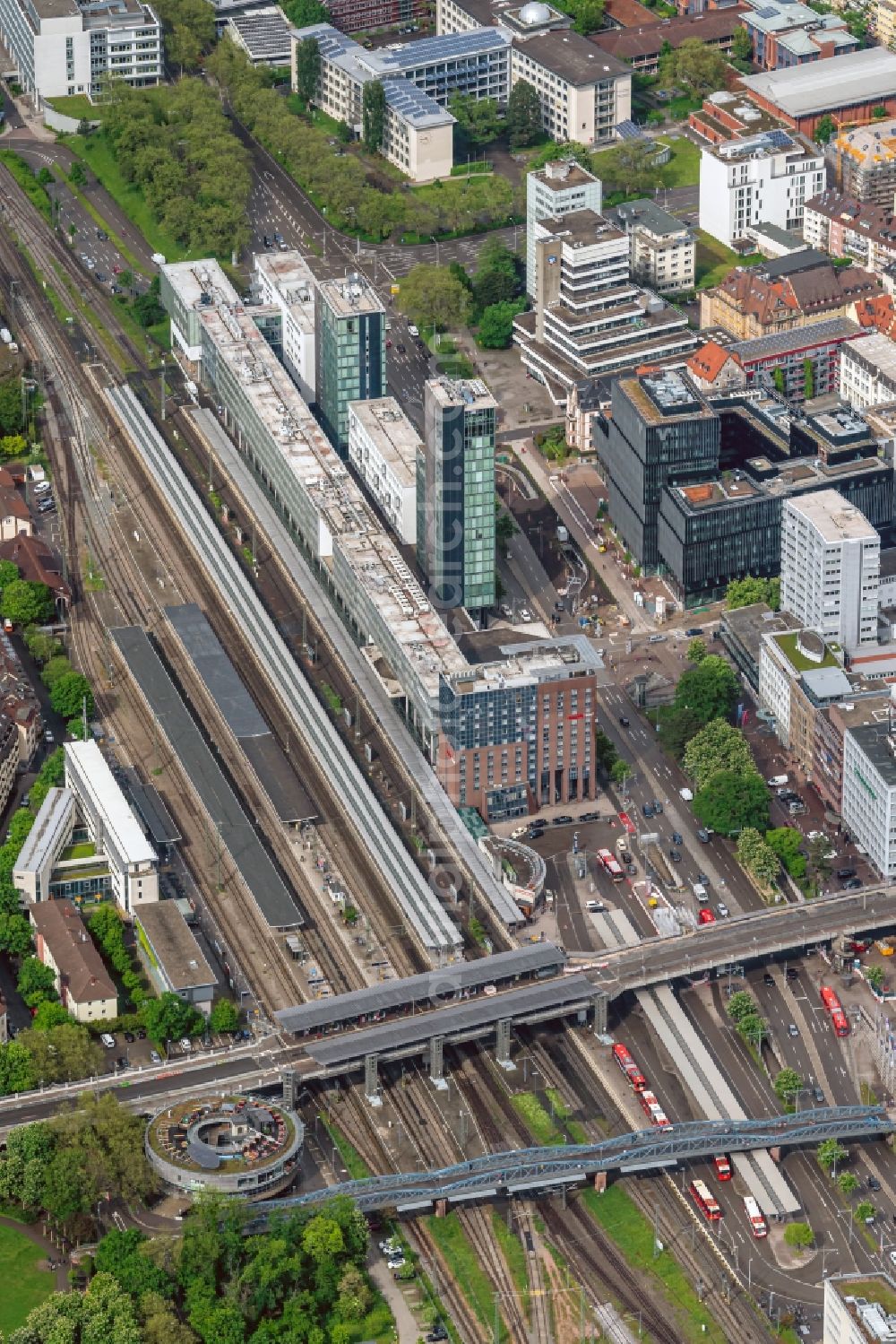 Freiburg im Breisgau from above - Track progress and building of the main station of the railway in Freiburg im Breisgau in the state Baden-Wurttemberg