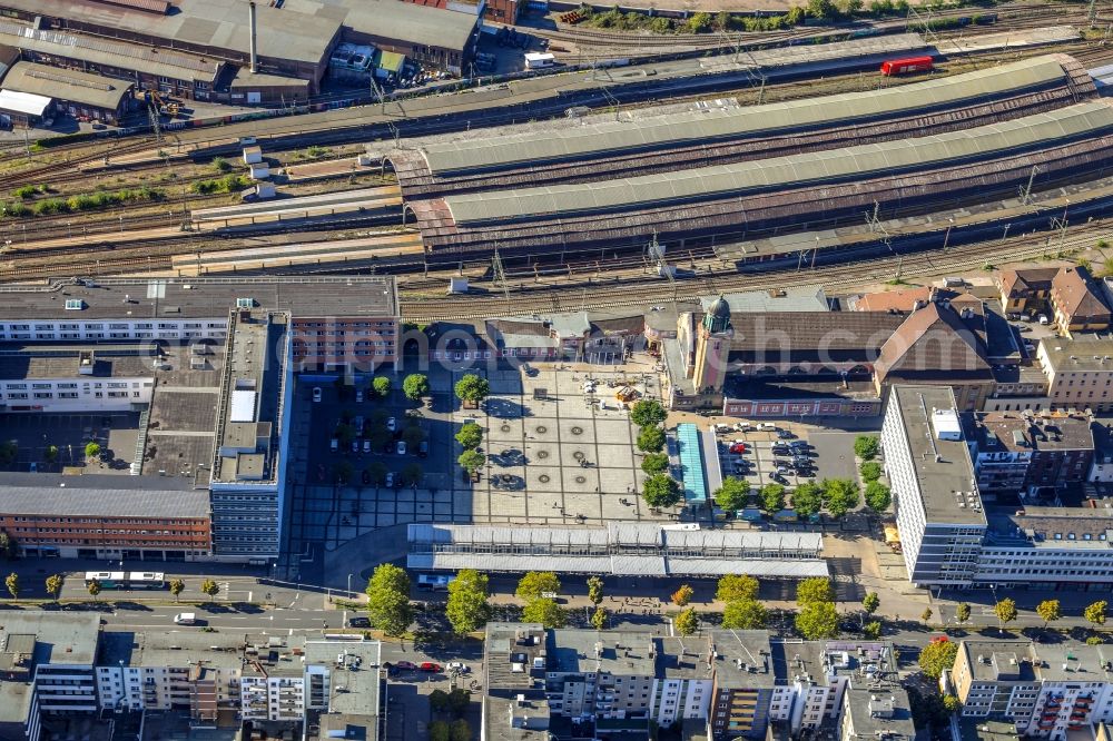 Hagen from above - Track progress and building of the main station of the railway in Hagen in the state North Rhine-Westphalia, Germany