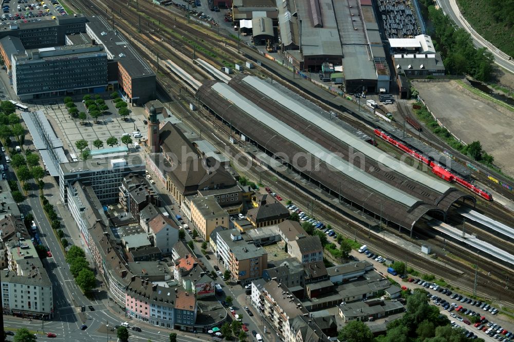 Hagen from above - Track progress and building of the main station of the railway in Hagen in the state North Rhine-Westphalia, Germany