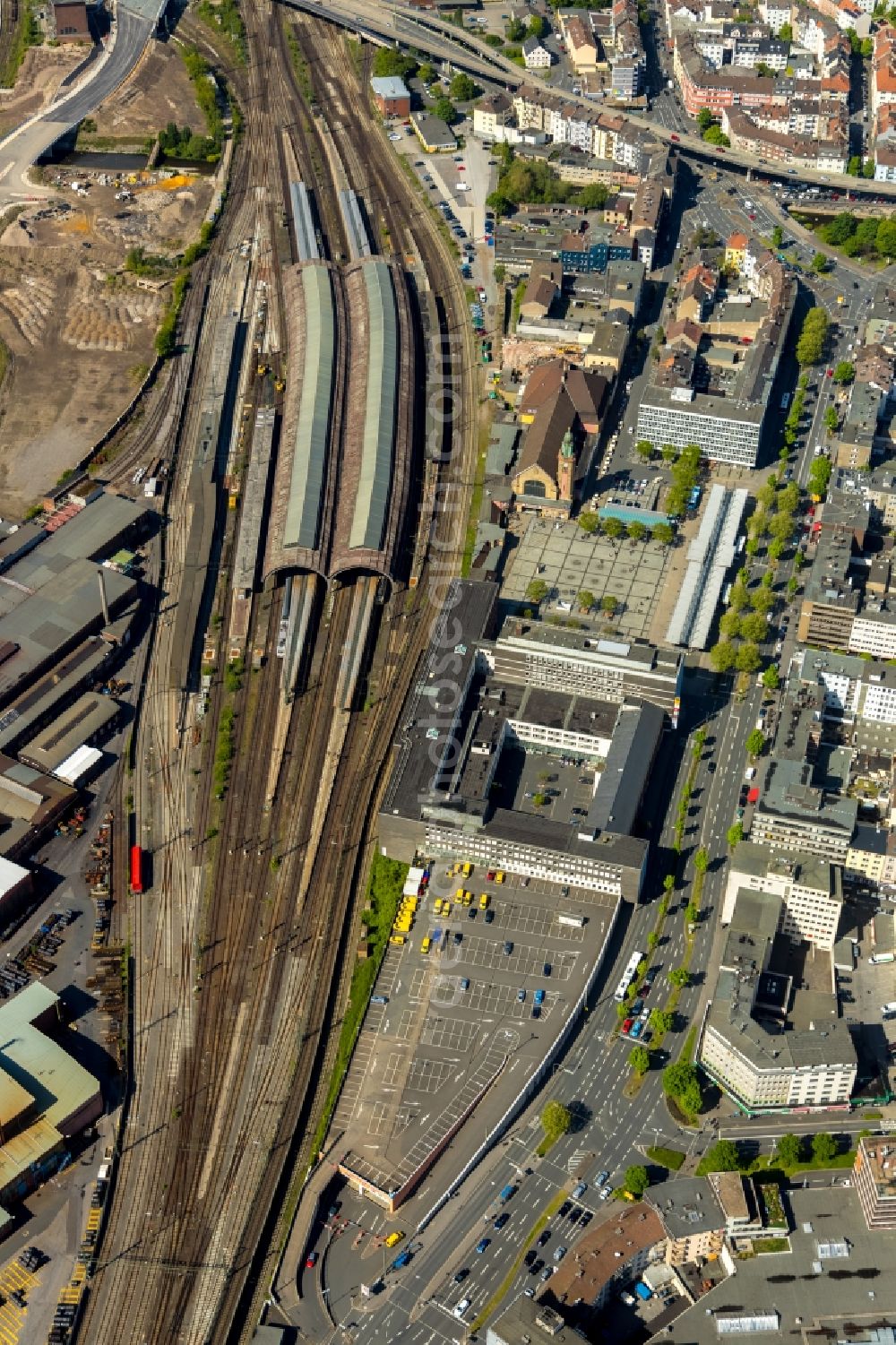 Hagen from above - Track progress and building of the main station of the railway in Hagen in the state North Rhine-Westphalia, Germany