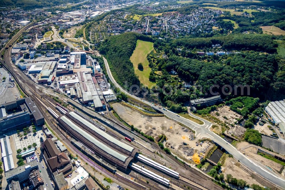 Hagen from above - Track progress and building of the main station of the railway in Hagen in the state North Rhine-Westphalia, Germany