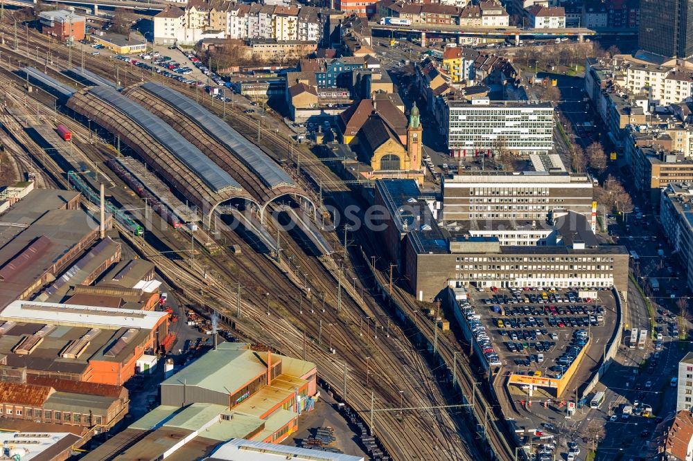 Hagen from above - Track progress and building of the main station of the railway in Hagen in the state North Rhine-Westphalia, Germany