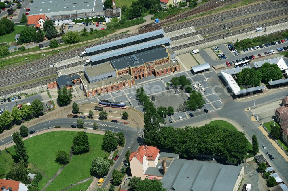 Aerial image Halberstadt - Track progress and building of the main station of the railway in Halberstadt in the state Saxony-Anhalt