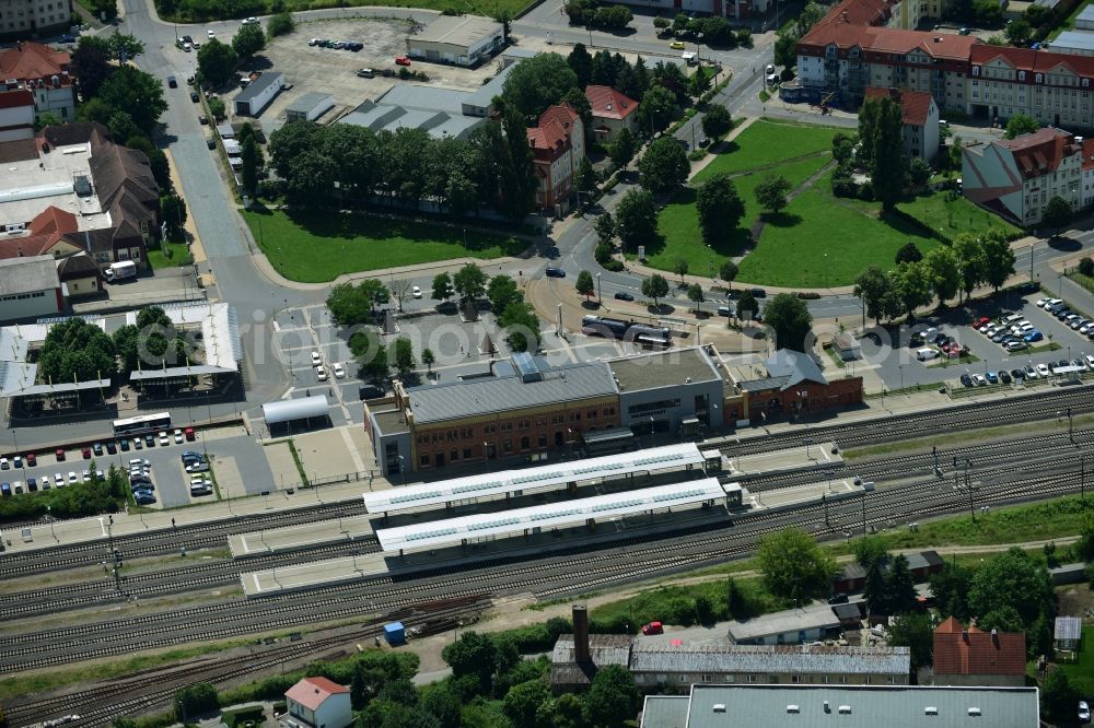 Halberstadt from above - Track progress and building of the main station of the railway in Halberstadt in the state Saxony-Anhalt